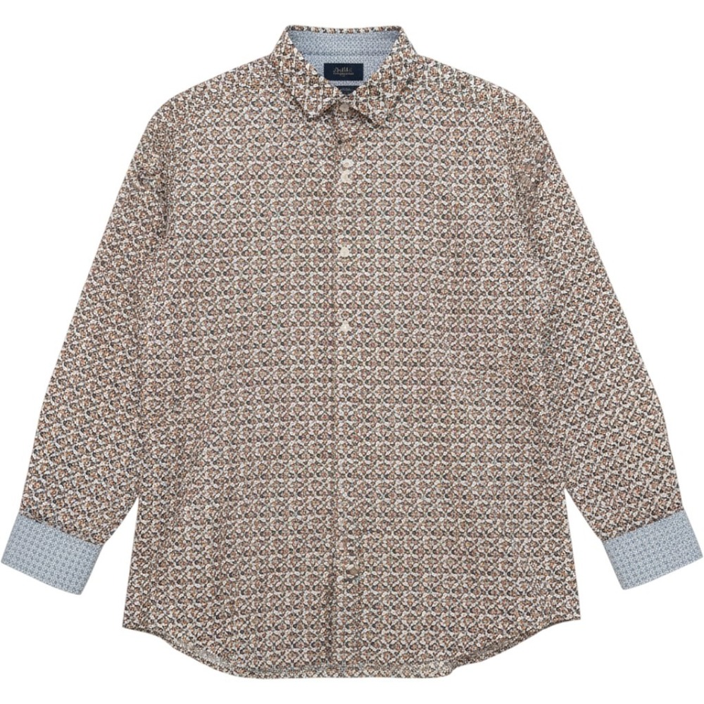 Johnston & Murphy Mens XL Button Down Shirt Geometric Print Cotton Tan Blue